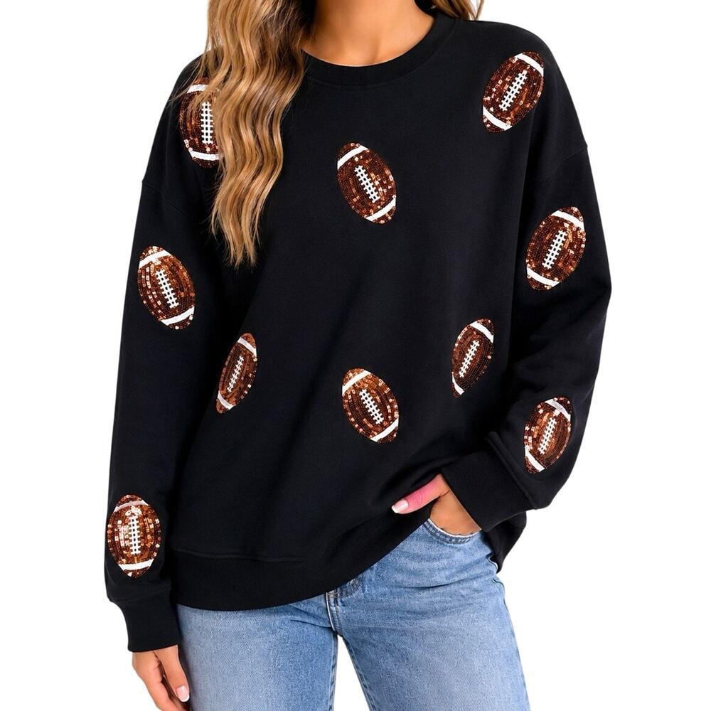 SHIRALEAH Chicago Sz Large Black Brown Football Sequin Knit Sweatshirt Top